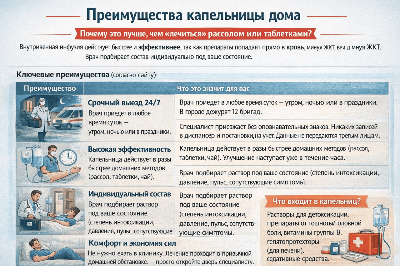 Преимущества капельницы от похмелья на дому Преимущества капельницы на дому